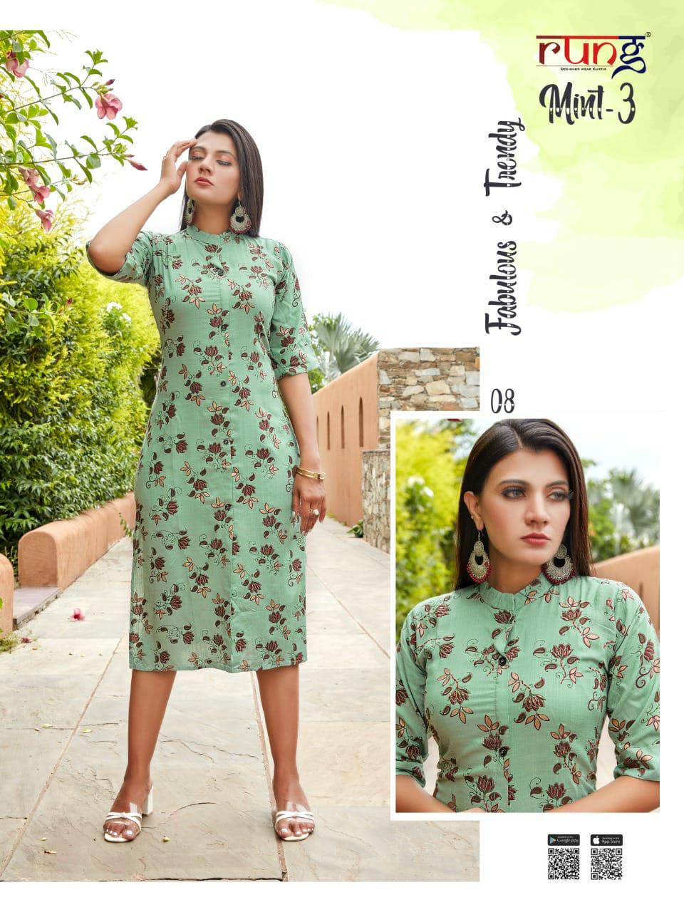 Rung Mint 3 Heavy Slub Rayon Casual Wear Designer Kurti Collection